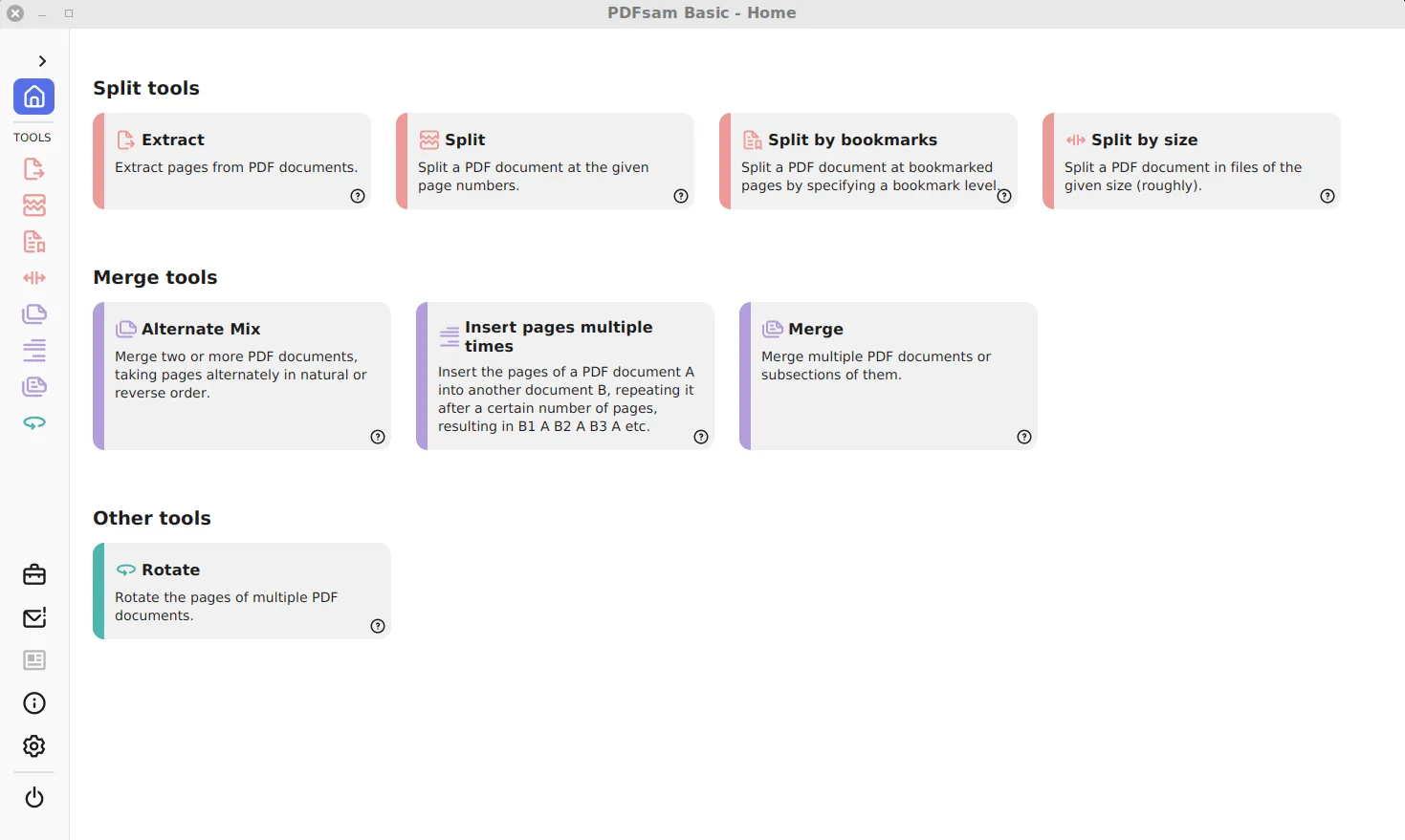 PDFsam Basic Home screen with the sidebar collapsed, showing the eight tool cards and their one-line descriptions