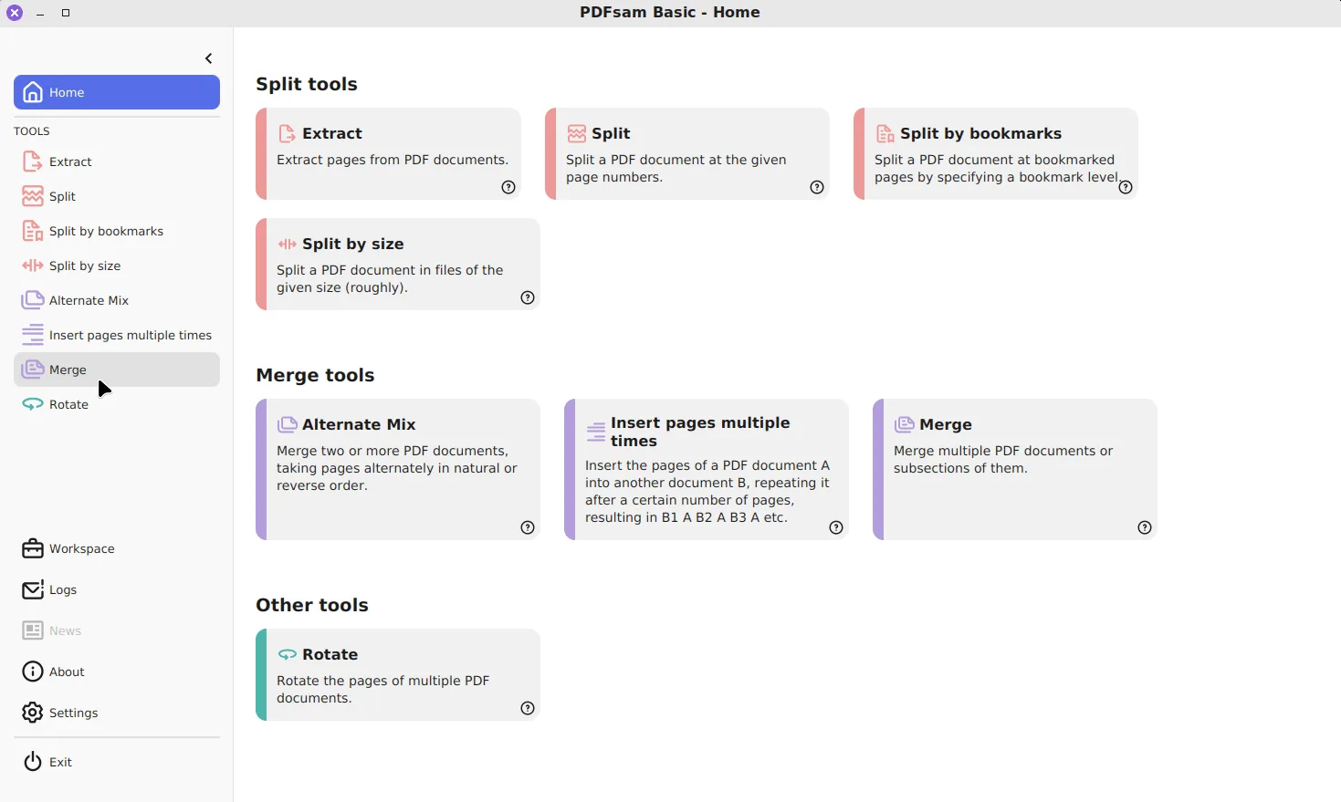 PDFsam Basic Home screen with tool cards grouped as Split tools, Merge tools and Other tools, and the tool list in the left sidebar