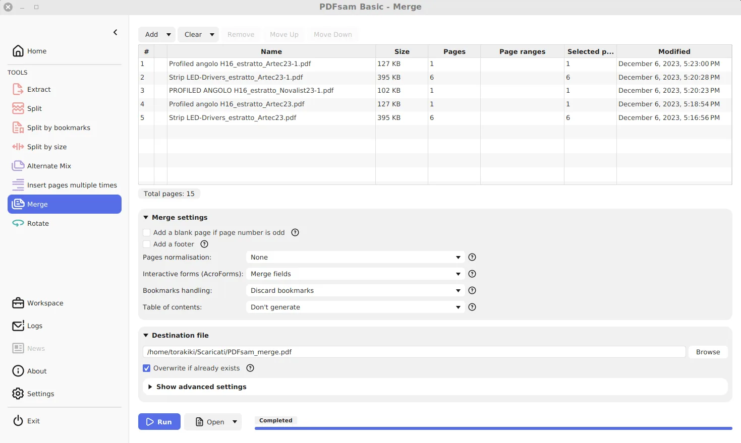 PDFsam Basic Merge tool after a run, with the progress bar at Completed and an Open button next to Run