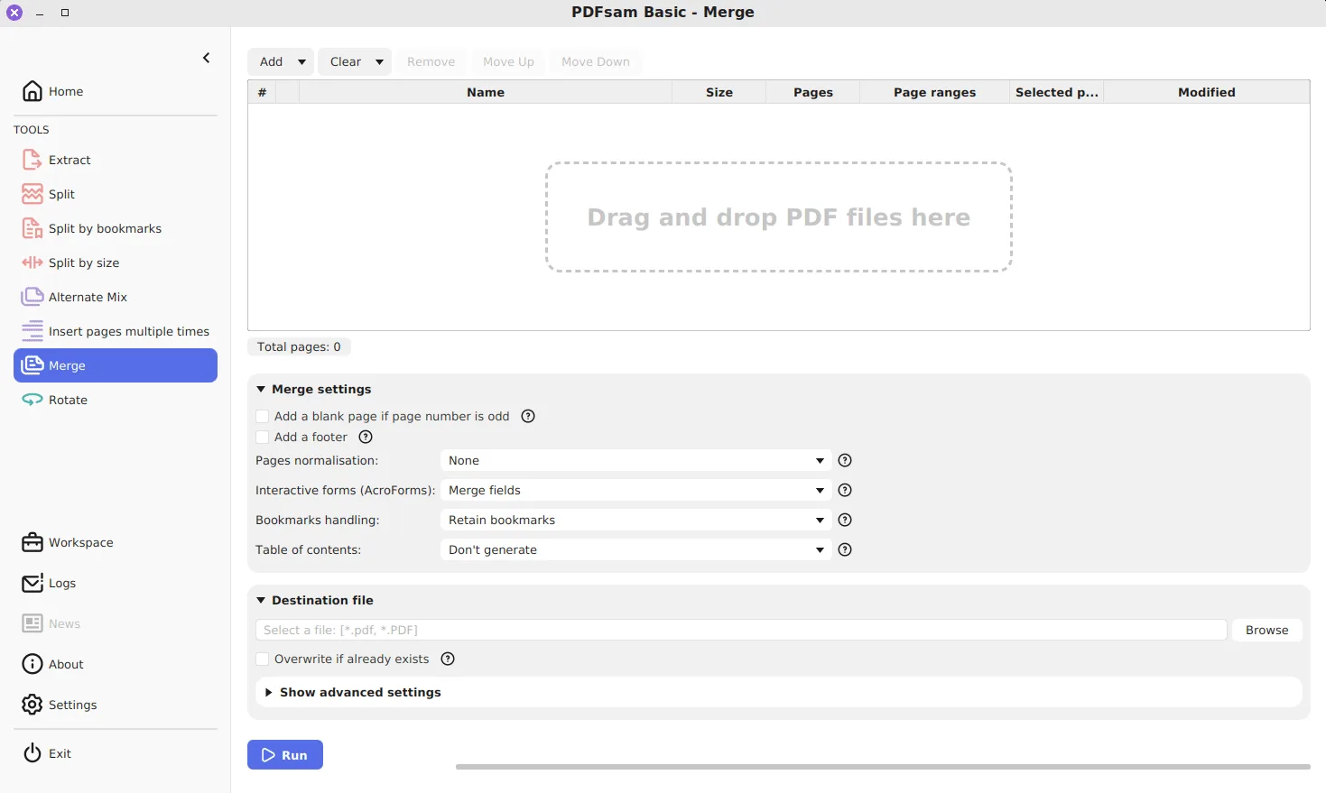 PDFsam Basic Merge tool before any file is added, with the Drag and drop PDF files here area, Merge settings and Destination file
