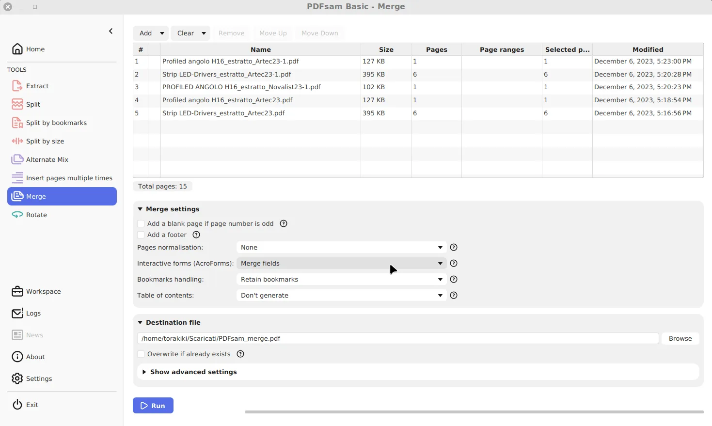 PDFsam Basic Merge tool with five PDF files listed with size, pages and page ranges, and the Merge settings panel below
