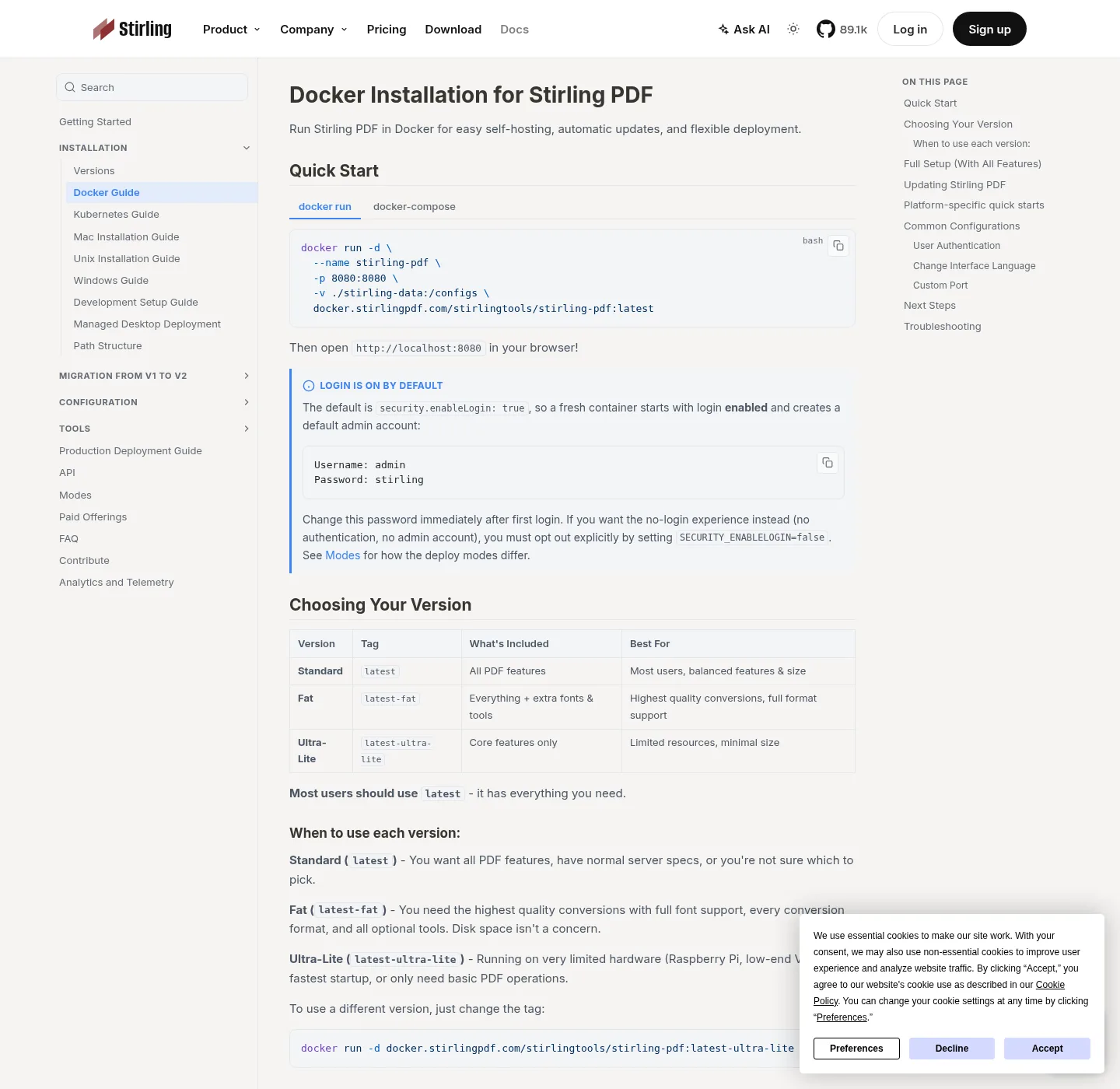 Docker installation docs for Stirling PDF showing the quick-start command on port 8080 and image tag options.
