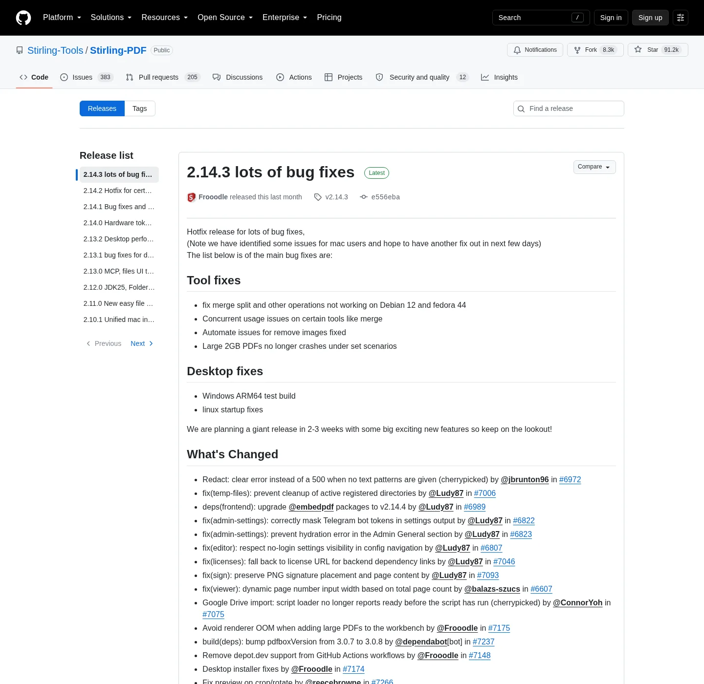 GitHub Releases page for Stirling-Tools/Stirling-PDF, the official list of current assets.