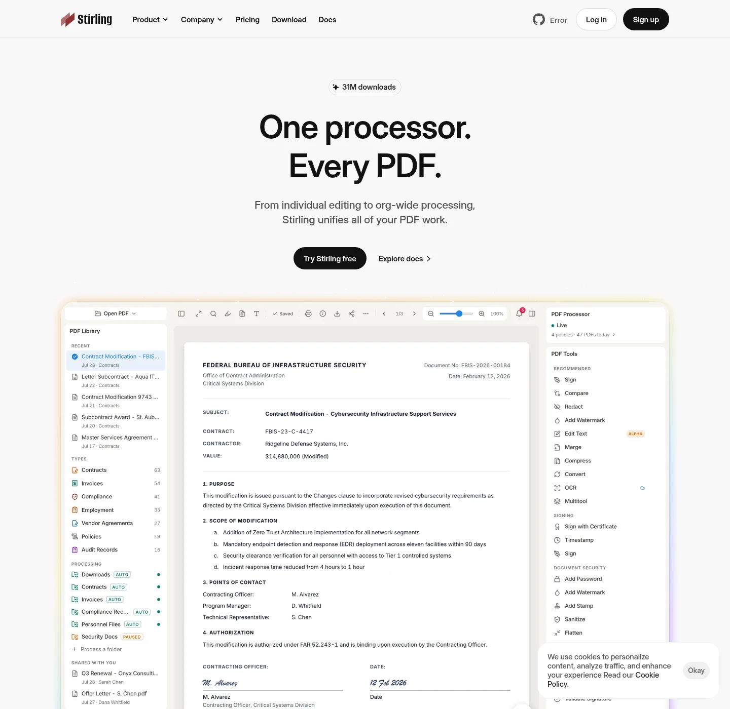 Stirling PDF homepage at stirling.com with the product workbench: a PDF library, an open document, and a PDF Tools panel.