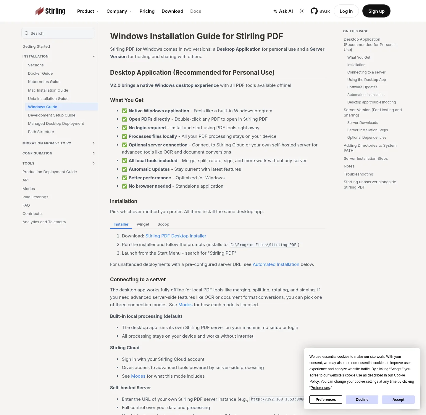 Windows installation guide for Stirling PDF on docs.stirlingpdf.com, covering the native desktop app versus the server version.